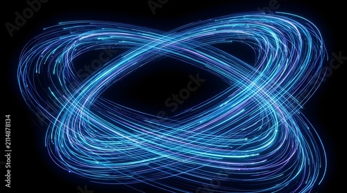 Glowing Cyan Blue Light Streaks Forming Futuristic Infinity Loop and Energy Particle Ring on Black Background