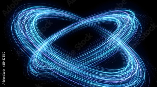 Glowing Cyan Blue Light Streaks Forming Futuristic Infinity Loop and Energy Particle Ring on Black Background