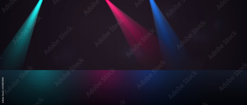Obraz premium Three vibrant spotlights in teal, pink, and blue illuminating a dark stage with reflective floor