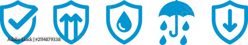 Waterproof and water resistance icon collection featuring splash proof, liquid protection, durability and weatherproof symbols for product labels, packaging and technical documentation in outline, sol