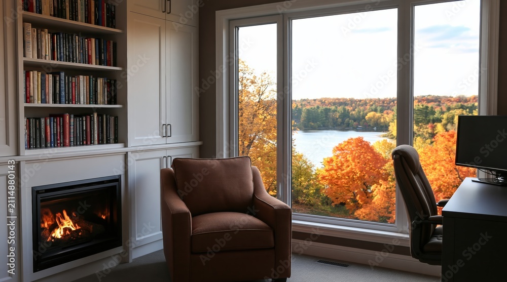 Obraz premium Office home interior with cozy fireplace bookshelf and autumn lake scenery window