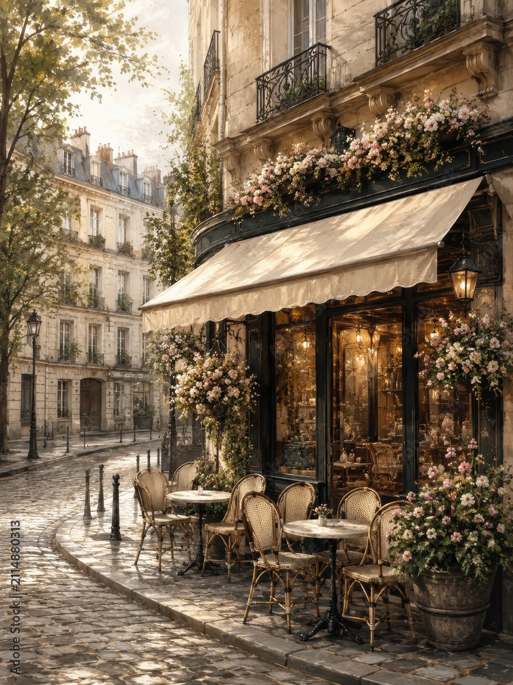 Fototapeta premium Paris cafe terrace with flowers on a quiet cobblestone street