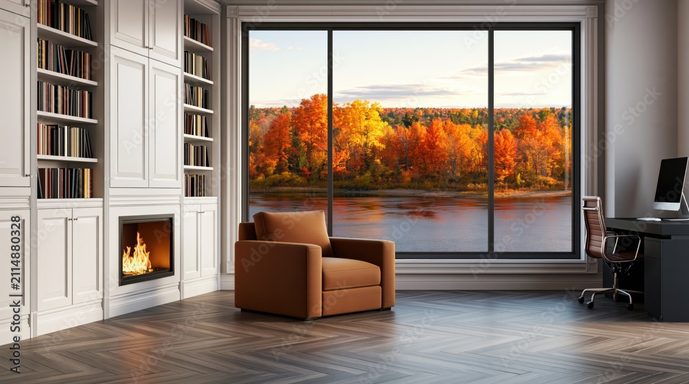 Obraz premium Office interior with cozy armchair and fireplace by autumn lake view window library
