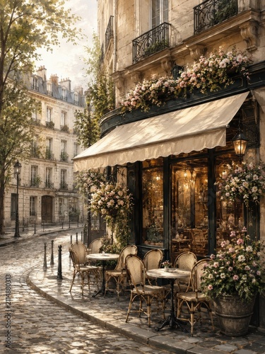 Paris cafe terrace with flowers on a quiet cobblestone street