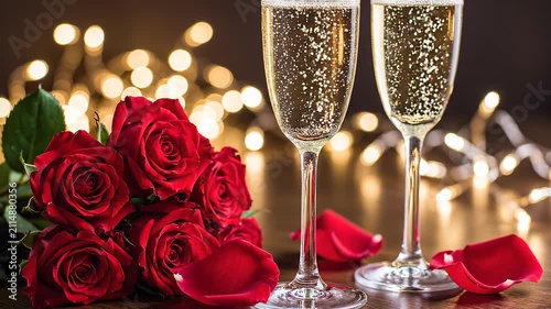 Champagne flutes with bubbles by red roses, mp4 video. AI