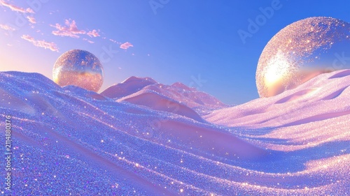 Glowing 3D desert of stardust with surreal terrain under a starry night sky