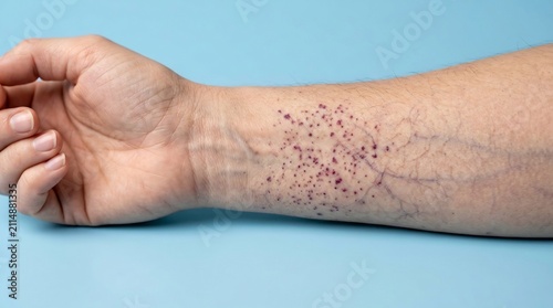 Wrist area exhibiting a skin rash on a light blue background offers a detailed perspective for medical analysis of dermatological symptoms and cutaneous reactions during clinical examinations.