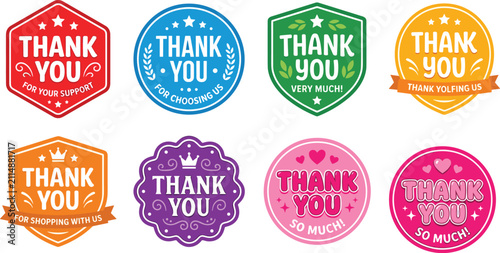 Colorful thank you badge collection, appreciation sticker labels, modern gratitude emblem set, isolated vector on white background design
