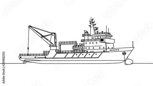 Industrial ship line drawing on white background.