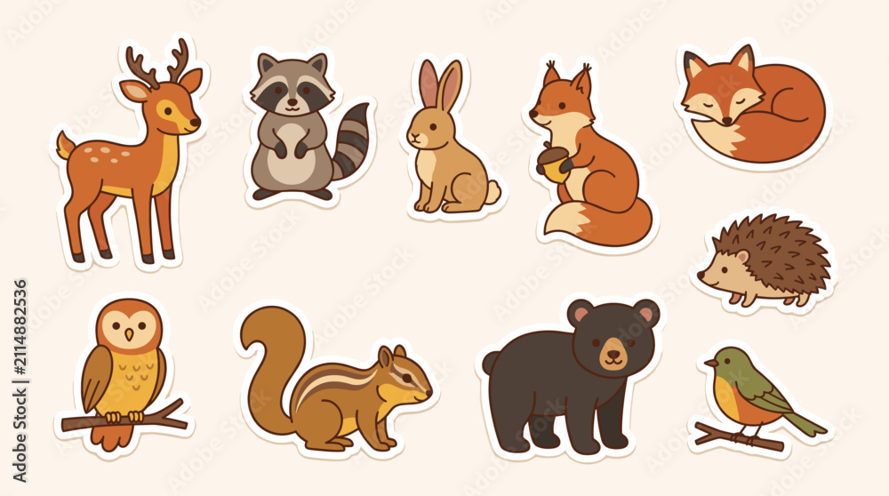 Obraz premium A set of cute cartoon woodland autumn animal and nature stickers 