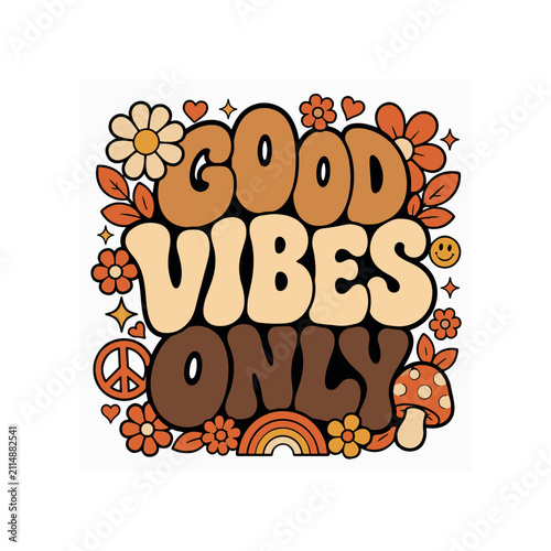 Good vibes only typography design with colorful vibrant lettering for posters and social media