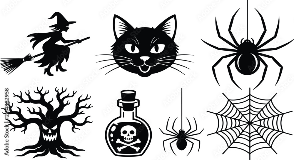 Fototapeta premium Halloween Silhouette Icon Collection Featuring Witch Black Cat Spiders Poison Bottle Haunted Tree and Spider Web Vectors