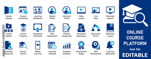 Online Course Platform Icon Set. E-learning, Digital Education, Virtual Classroom, and Distance Learning UI UX Design Projects