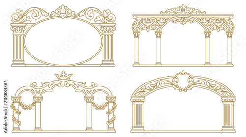 Set of golden victorian baroque frames with architectural arches and classical columns, ornate floral flourish design for vintage wedding invitations
