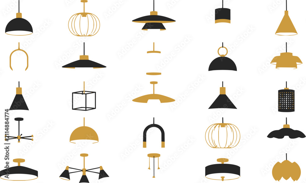 Naklejka premium Modern pendant light collection with gold and black icons