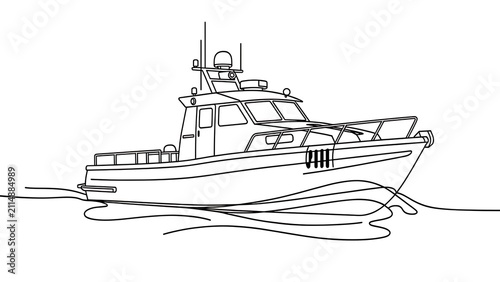 Line drawing of a boat on water white background.