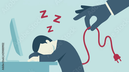 Cuadro en lienzo Exhausted person sleeping at office desk with a hand holding a power plug