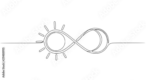 Fotografía Infinity symbol with sun and light bulb, single line drawing, concept of continu