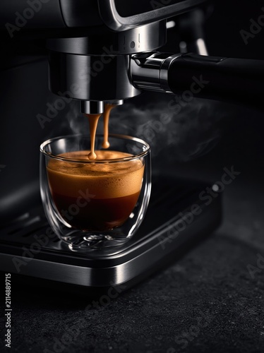 Espresso pouring into a glass cup. Fresh coffee brewing from a modern machine.