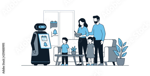 Family Interacting with Smart Robot Flat Design Illustration