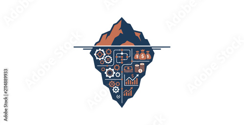 Iceberg Concept with Gears, Money, and Charts Vector