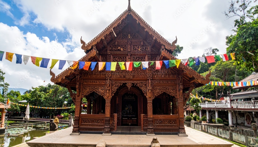 Obraz premium Intricately Carved Wooden Buddhist Temple Facade with Prayer Flags
