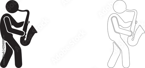 Photos Saxophonist while playing vector icon filled and outline, playing wind musical instrument symbol