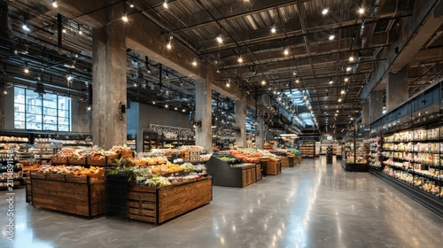 Modern Grocery Store Interior with Fresh Produce Displays and Extensive Shelving - Retail Food Market Scene