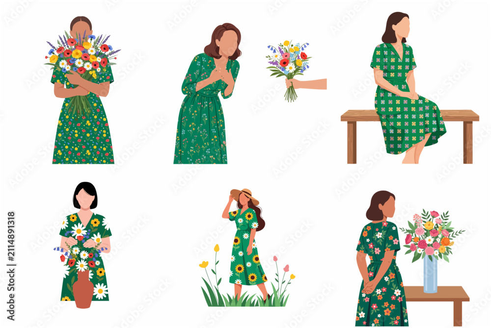 Fototapeta premium Set of Flat Vector Illustrations of Women Wearing Green Floral Dresses and Holding Beautiful Flower Bouquets