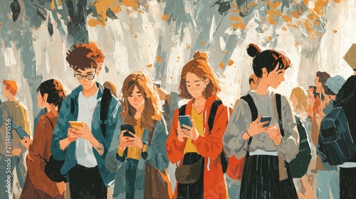 Group of Young Adults Focused on Smartphones in an Urban Park Setting – Modern Lifestyle and Digital Connection