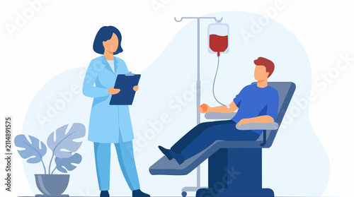 Foto Nurse and patient during blood transfusion or IV drip medical procedure
