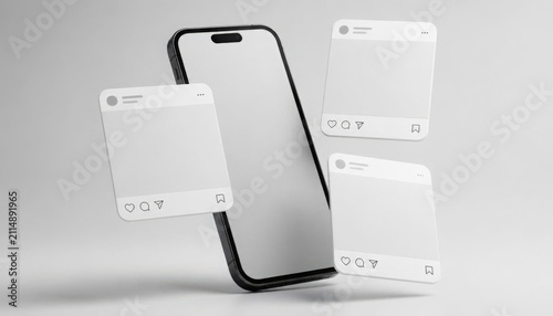 3d render of a modern smartphone with floating social media post templates on a light grey background