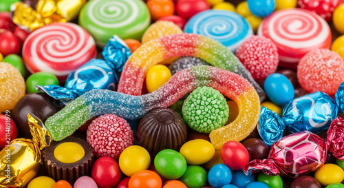 Various colorful candies with different flavors on a white background.