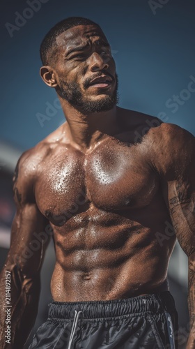 Intense Male Athlete Displaying Powerful Physique Post-Workout; Visible Abs, Sweat, and Focused Determination for Fitness and Sports Stock Photography