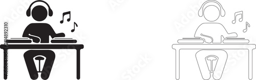 DJ at controller with headphones vector icon filled and outline, mixing music at event symbol.