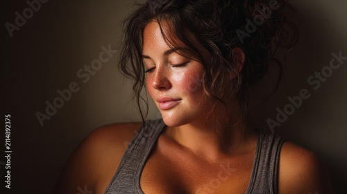 Serene Woman Meditating Against Wall - Relaxing Portrait of Peaceful Wellbeing and Mindfulness Practice