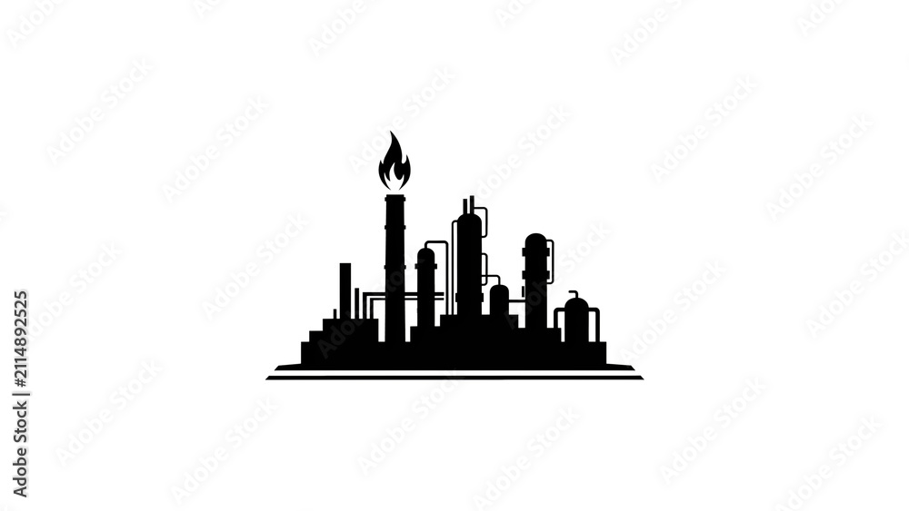 Fototapeta premium Black silhouette illustration of industrial oil refinery with flaring torch on transparent background