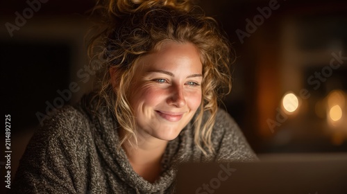 Smiling Woman Relaxing at Home with Laptop in Cozy Sweater, Warm Lighting Creates Intimate and Comfortable Atmosphere.