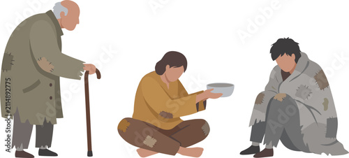Homeless People Poverty Vector Illustration Featuring Elderly Man, Beggar, and Destitute Individuals in Need of Charity, Humanitarian Aid, and Social Support