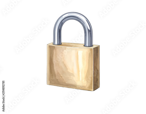 Realistic brass padlock illustration isolated on a solid black background