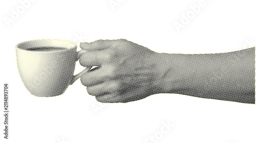 Trendy retro halftone holding a teacup collage element, isolated on a transparent background.