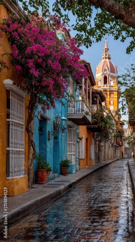 Vibrant Cartagena Street Scene: Colonial Architecture with Bougainvillea, Capturing Caribbean Charm and Historic Beauty