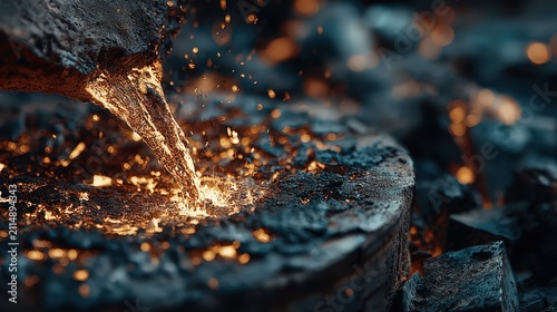 Molten Metal Pouring into Crucible – Blacksmithing Process, Industrial Forging, and Fiery Manufacturing Action in Close-Up