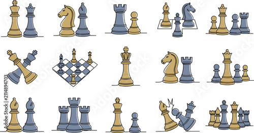 Konstfotografi Chess Strategy Vector Icon Collection with Classic Game Pieces and Board Competi