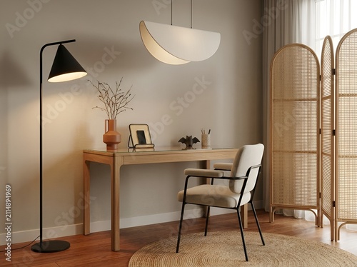 Cozy Japandi Home Office Corner with Greige Armchair, Minimalist Floor Lamp, and Wooden Desk