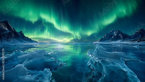 Breathtaking green aurora borealis dancing over a frozen icy landscape under a dark starry night sky