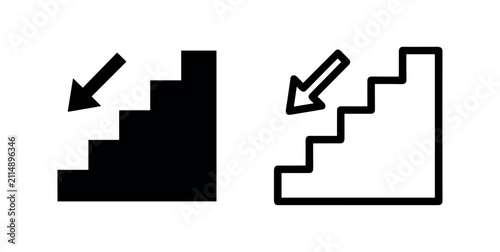Foto Stairs Down Exit Icon Set - Solid and Outline Style Downward Direction Symbols