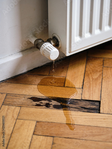 Leaking radiator valve causing water damage to hardwood floor inside a residential home