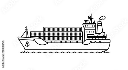 Cargo ship with containers linear drawing white background silhouette