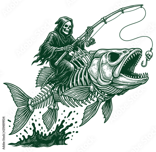 Grim reaper riding giant skeleton fish with fishing rod and hook  spooky sea creature